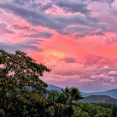 Coucher de soleil, Foret et montagnes